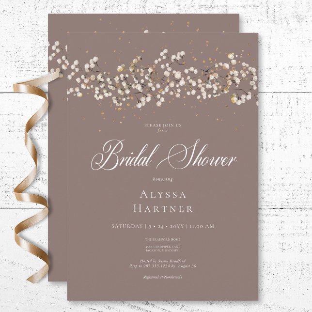 Convite Chá de panela castanho-do-hálito do bebê branco ru (Rustic White Baby's Breath Brown Bridal Shower Invitation)