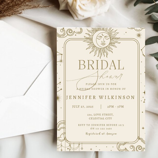 Convite Chá de panela Celestial Místico Místico-Místico (Celestial Magical Mystical Moon Star Bridal Shower Invitation)