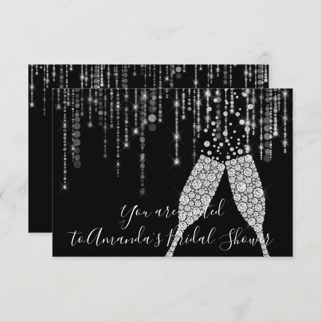 Convite Chá de panela Champaigne Bolhas de Vidro de Prata  (Frente/Verso)