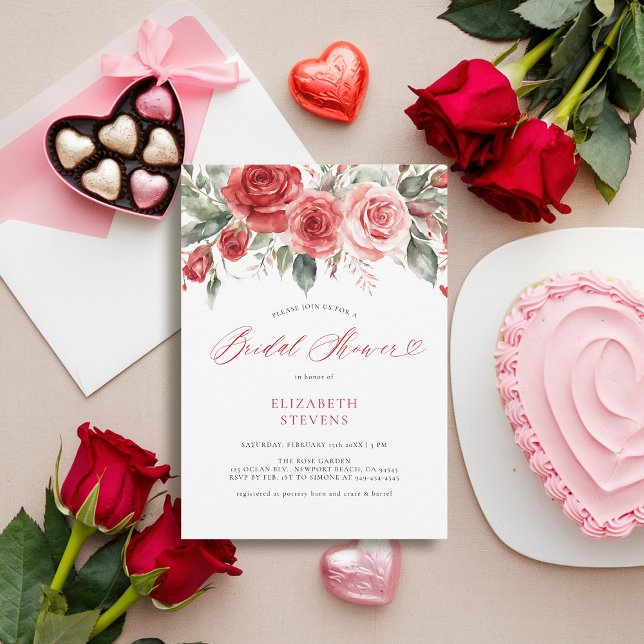 Convite Chá de panela Chic de Caligrafia do Namorados Rosa (valentine bridal shower invitation watercolor red roses elegant calligraphy modern feminine chic)