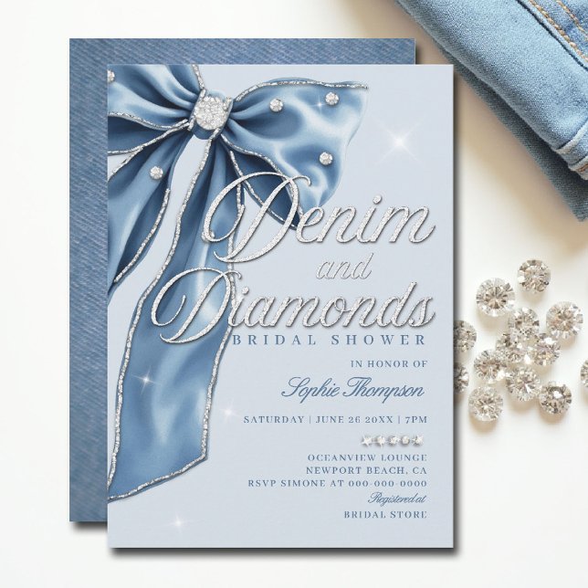 Convite Chá de panela Chic de Script de Arco Azul Denim Di (denim and diamonds bridal shower ideas elegant bow classy bling script blue white template)