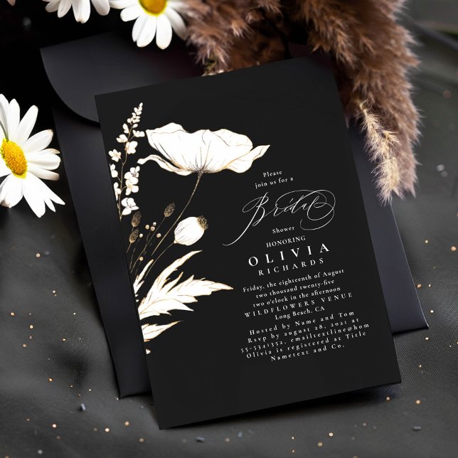 Convite Chá de panela Chic Negro Elegante Dourado de Flore (Wildflowers Black Bridal Shower Invitations)