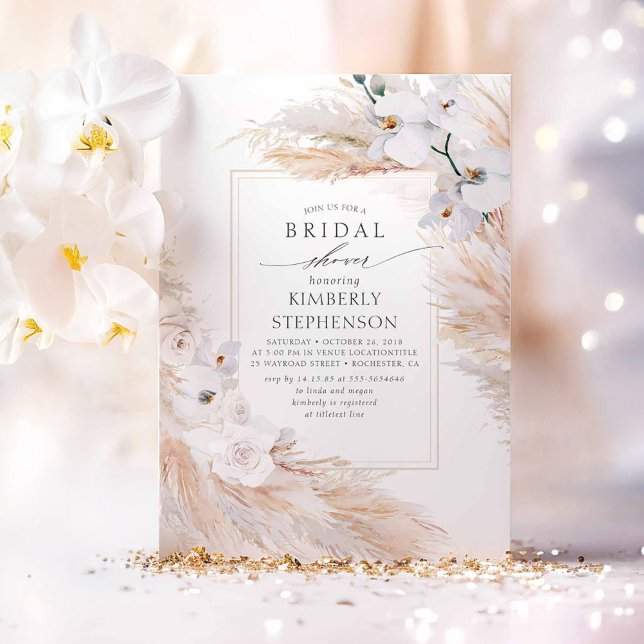Convite Chá de panela Chic Pampas Grass e White Orchids (Boho Pampas Grass Bridal Shower Invitation)