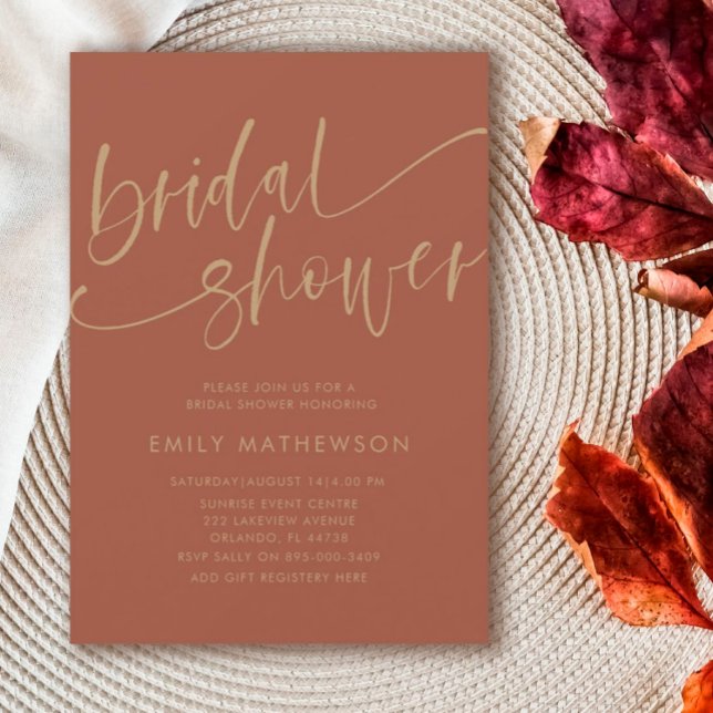 Convite Chá de panela Chic Terracotta e Caligrafia Dourada (Criador carregado)