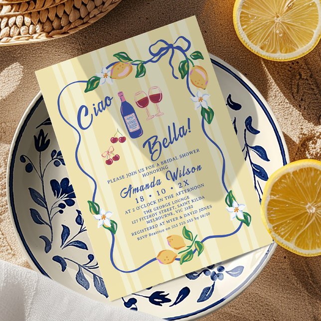 Convite Chá de panela Ciao Bella (Ciao Bella Bridal Shower Invitation Template, Italian Ciao Bella Bridal Shower Invite, Whimsical)