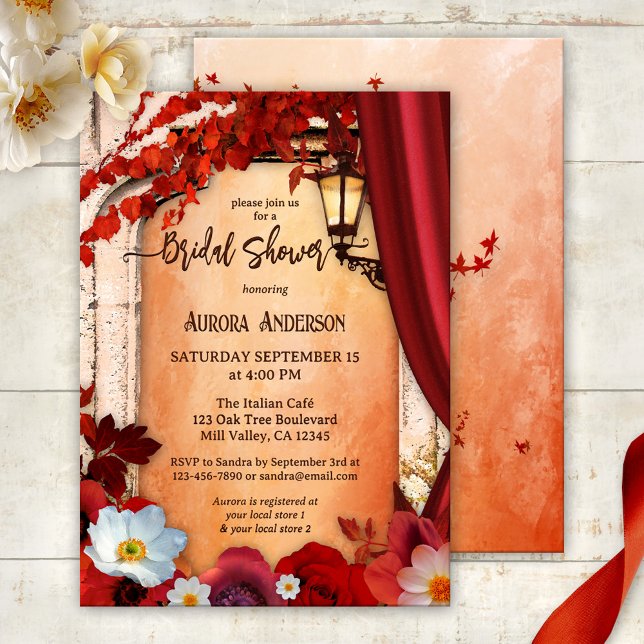 Convite Chá de panela Clássico de Boho Italiano (Italian bridal shower invitation featuring festive red flowers on a Roman arch with lantern)