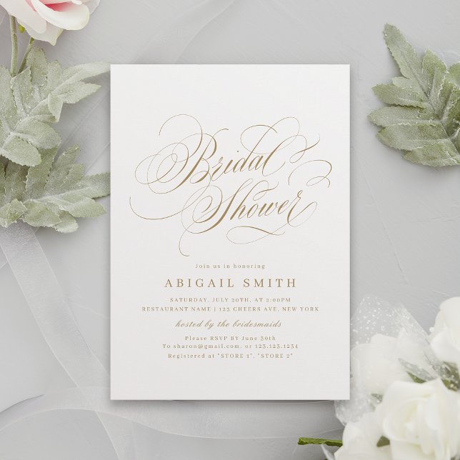 Convite Chá de panela clássico elegante de caligrafia (Gold Elegant classic calligraphy vintage Bridal Shower Invitation)