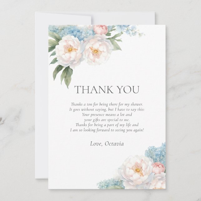 Convite Chá de panela clássico Flores Azuis e Rosa Suaves (Frente)