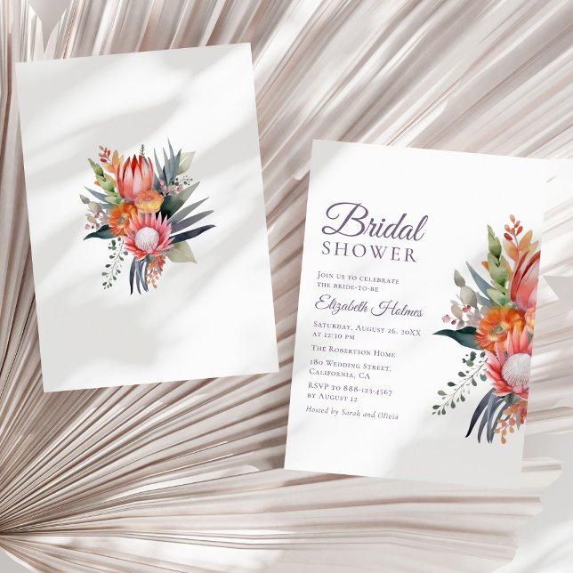 Convite Chá de panela Colorida de Flores Tropicais (Colorful Tropical Flowers Bridal Shower Invitation on a neutral dry palm leaf.)
