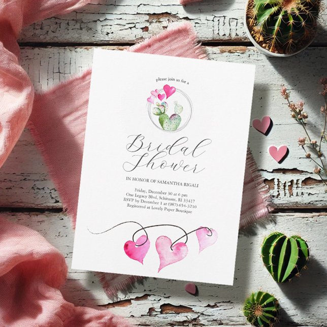 Convite Chá de panela com namorados (Winter bridal shower invitations watercolor hearts and cactus art Victoria Grigaliunas DoTellABelle)