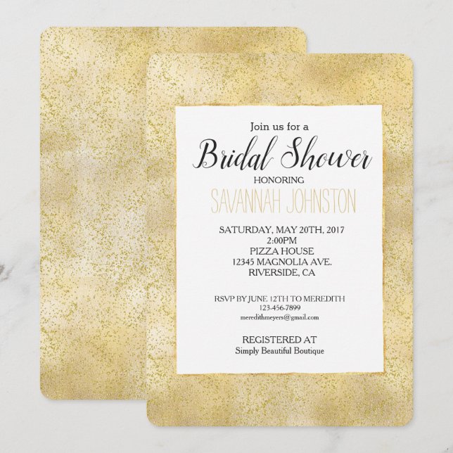 Convite Chá de panela Confetti de Dispersor de Pó Dourado (Frente/Verso)