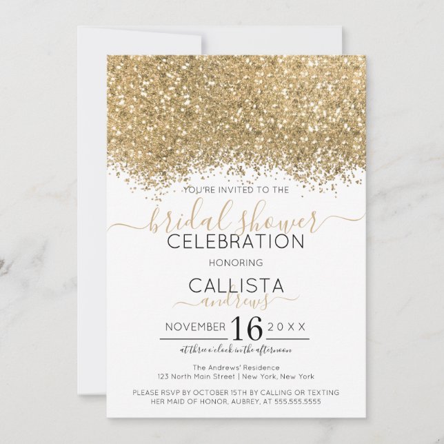 Convite Chá de panela Confetti Dourado Lúpulo Branco (Frente)