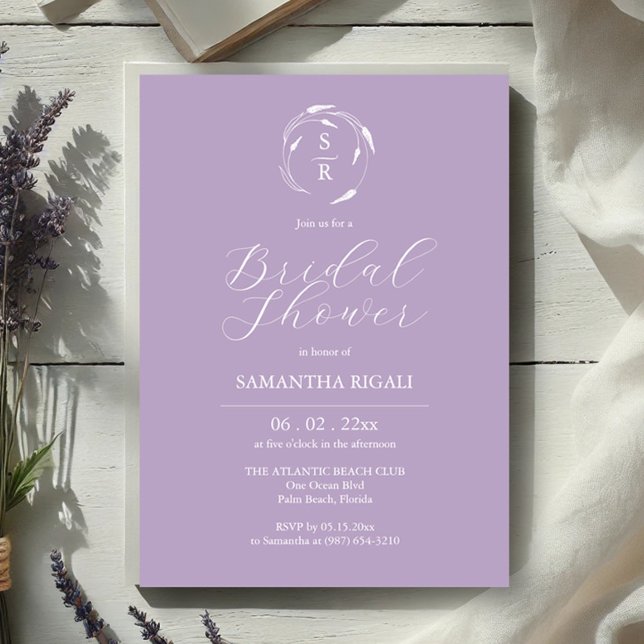 Convite Chá de panela Convida Monograma Roxo (Bridal shower invitations lavender line art by Victoria Grigaliunas of Do Tell A Belle)