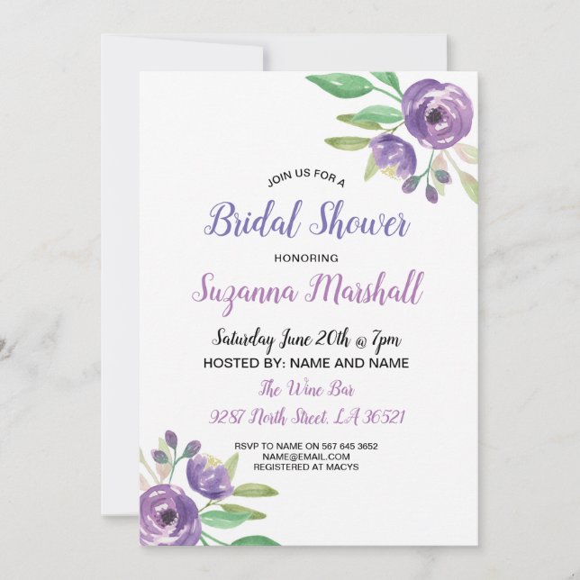 Convite Chá de panela Convidar Lilac Flor Roxo (Frente)