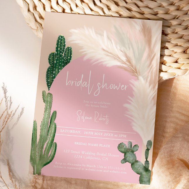 Convite Chá de panela cor-de-rosa boho cactus pampas (Boho cactus pampas arch pink bridal shower invitation)