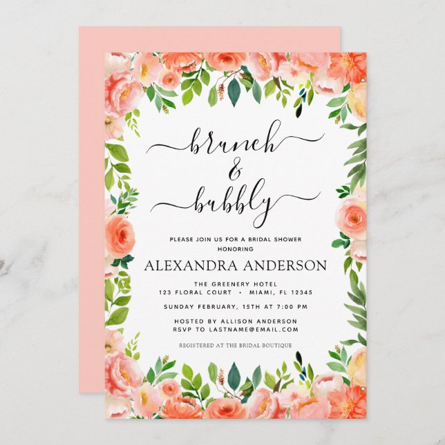 Convite Chá de panela Coral Peach Brunch e Bubble (Frente/Verso)