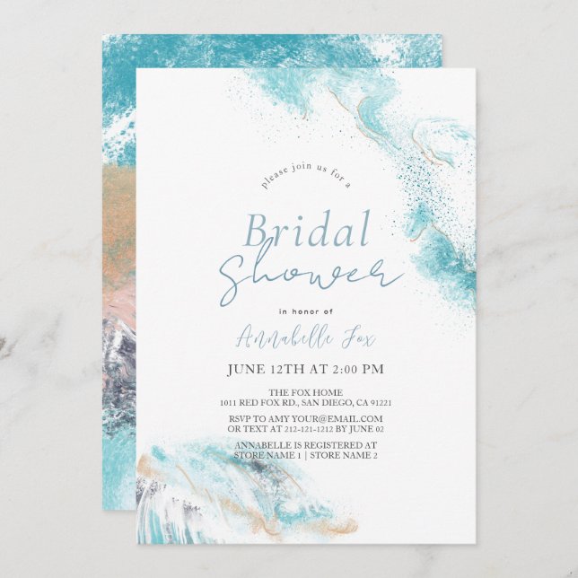 Convite Chá de panela costeiro de ondas azuis (Frente/Verso)