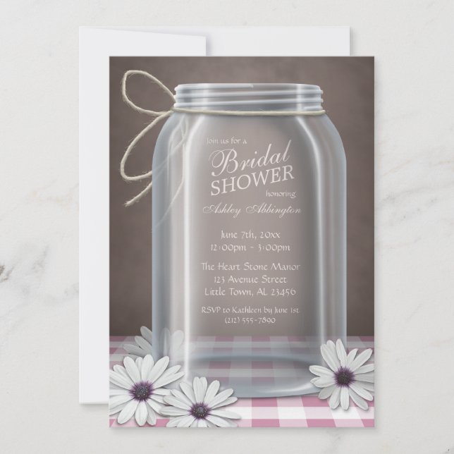 Convite Chá de panela Country Mason Jar Pink Gingham (Frente)