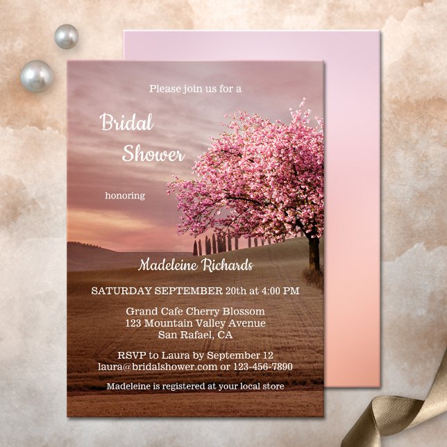 Convite Chá de panela da Cherry Blossom Orchard (Bridal shower invitation featuring a fantasy landscape painting with a blossoming cherry tree)