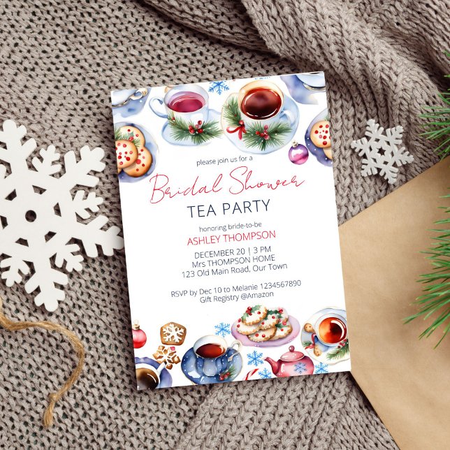 Convite Chá de panela da festa de chá de Natal (Christmas tea party bridal shower editable template invitation digital download watercolor tea cups)