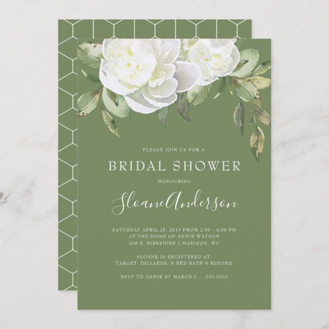 Convite Chá de panela da flor da peônia da verde azeitona (Frente/Verso)