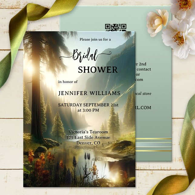 Convite Chá de panela da Floresta Encantada (Original bridal shower invitation featuring a painting of a mountain scene with enchanted forest)