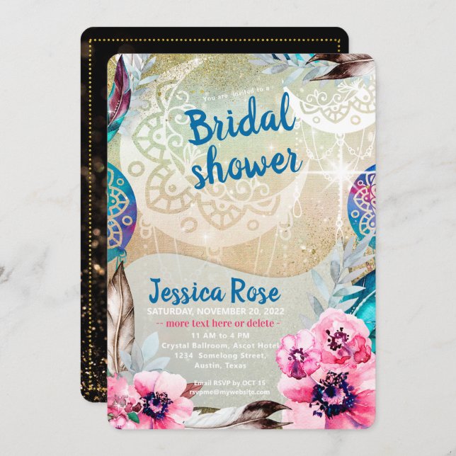 Convite Chá de panela da Lua de Boho do Ouro Dreamy (Frente/Verso)