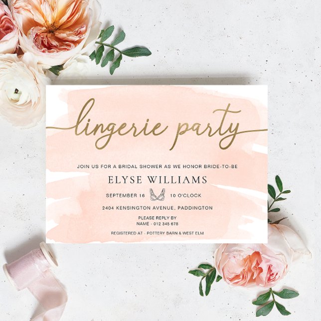 Convite Chá de panela da Parte de Lingerie Dourada da Peac (Lingerie Party Bridal Shower Invitation peach blush Watercolour Gold )