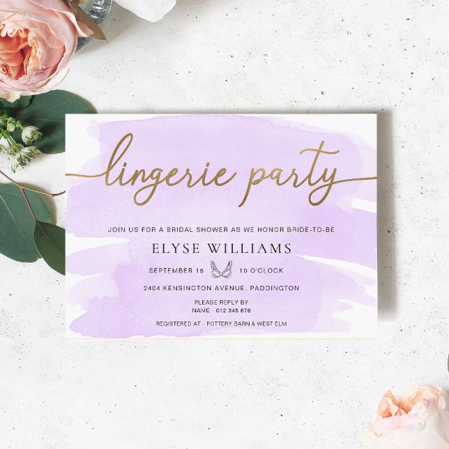 Convite Chá de panela da Parte de Lingerie Dourada Lilcolo (Lingerie Party Bridal Shower Invitation Purple lilac Watercolour Gold )