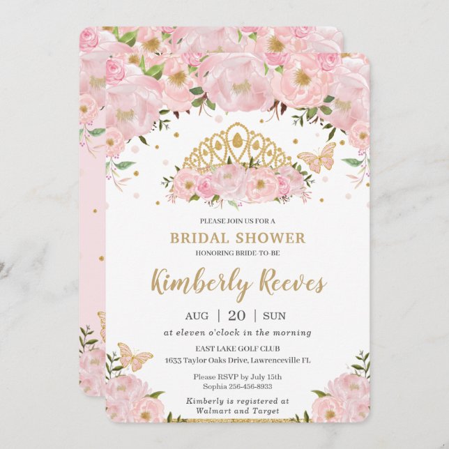 Convite Chá de panela da Princesa Floral Rosa Blush Tiara (Frente/Verso)