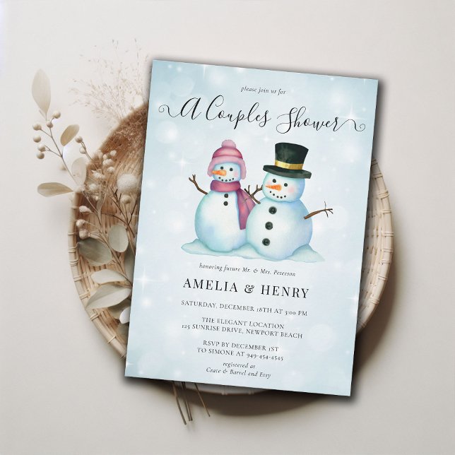 Convite Chá de panela da Sra. Snowman Funny Casal Winter (couples shower winter bridal mr mrs snowman funny cute invitation watercolor blue pink casual coed )