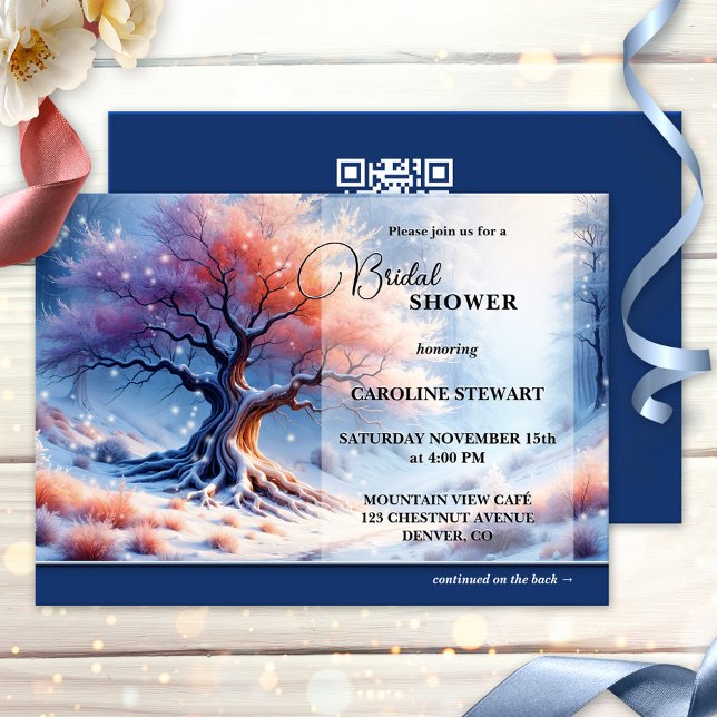 Convite Chá de panela da Terra Maravilha de inverno mágica (Magical artistic bridal shower invitation featuring a beautiful tree in a winter wonderland forest)