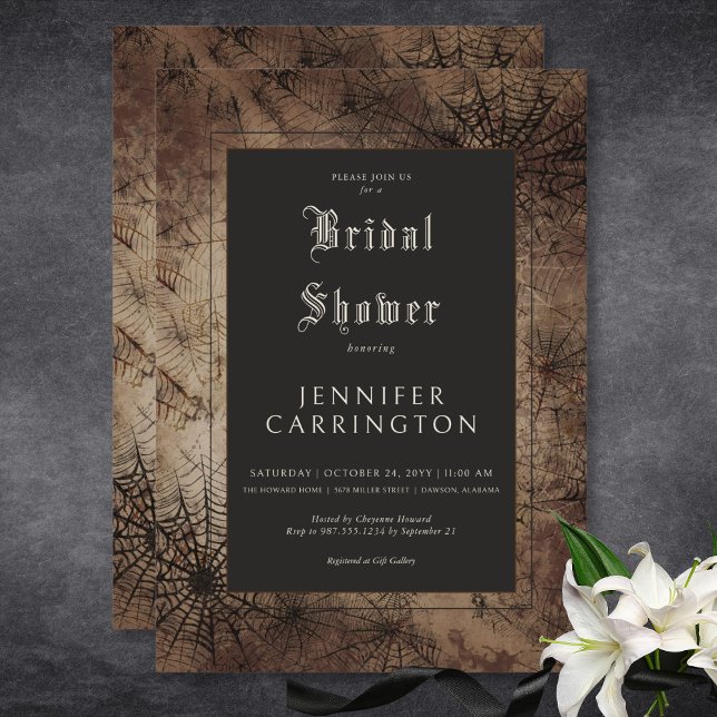 Convite Chá de panela da Web Brown e Black Spider Gótico E (Dark Gothic Brown & Black Spider Web Bridal Shower Invitation)