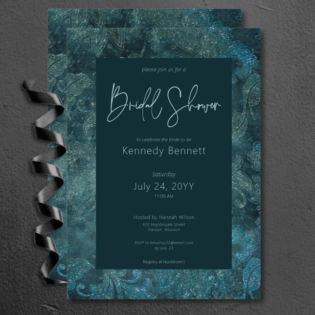 Convite Chá de panela Dark Victorian Teal Damask (Dark Victorian Teal Damask Bridal Shower Invitation)