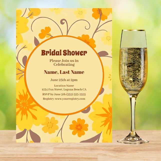 Convite Chá de panela das Flores Amarelas Retro (Retro Flowers-Yellow, Orange, Mocha Mousse Bridal Shower Invitation)