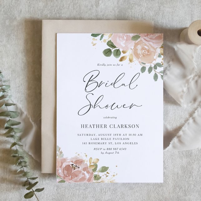 Convite Chá de panela das Flores de Pêssego Mauve Boho Wat (Boho Watercolor Mauve Peach Flowers Bridal Shower Invitation)