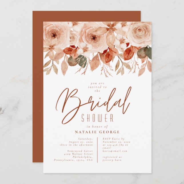 Convite Chá de panela das flores de Terracotta de Aquarela (Frente/Verso)
