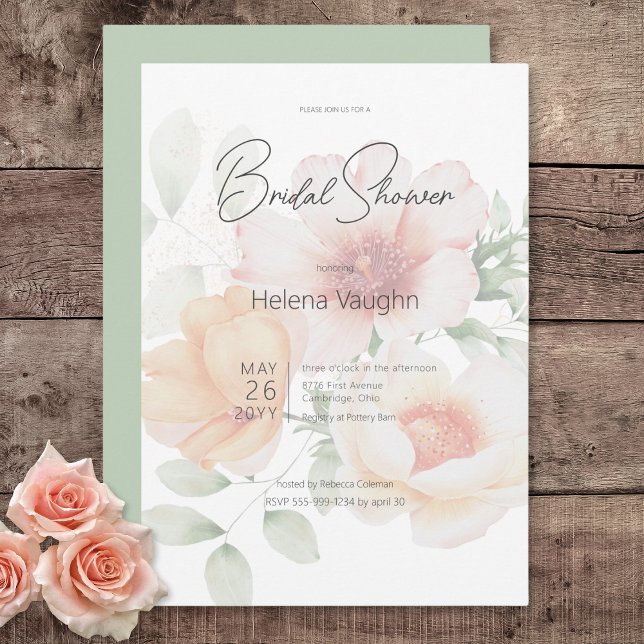 Convite Chá de panela das Flores Verdes Modernas de Pêsseg (Modern Peach & Sage Green Flowers Bridal Shower Invitation)