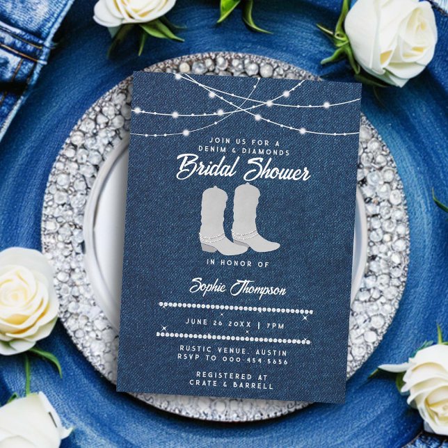 Convite Chá de panela das Luzes Brancas de Denim Diamantes (denim and diamonds bridal shower invitation classy bling cowgirl boots string lights rustic chic)