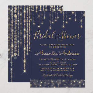 Convite Chá de panela das luzes de sequência Dourada azu