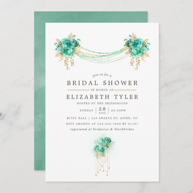 Convite Chá de panela das luzes de sequência floral Dourad (Frente/Verso)