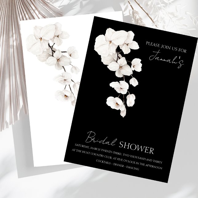 Convite Chá de panela das Orquídeas Negras e Brancas Moder (Modern Black and White Orchids Flowers Bridal Shower Wedding Invitation)