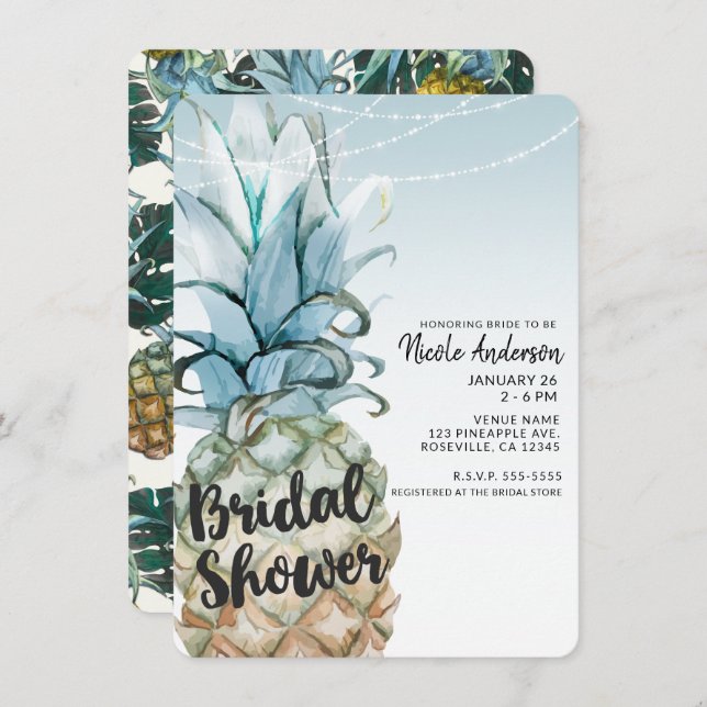 Convite Chá de panela de abacaxi tropical e luzes de corda (Frente/Verso)