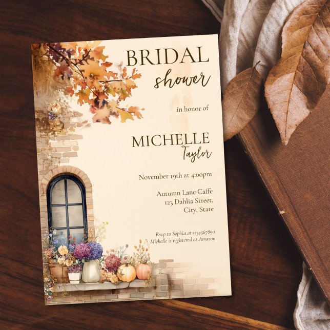 Convite Chá de panela de Abóbora de Flor (autumn window with fall flowers and pumpkins brick wall, watercolor bridal shower invitation)