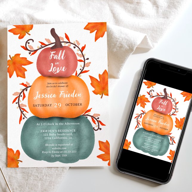 Convite Chá de panela de abóboras azuis laranja queda (Cute fall orange blue pumpkins bridal shower invitation)