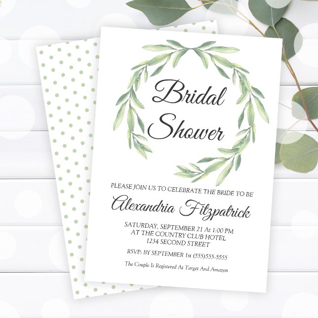 Convite Chá de panela de água de cor verde simples (Simple Greenery Watercolor Wreath Bridal Shower Invitation)