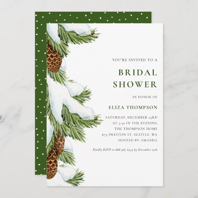 Convite Chá de panela de Agulhas de Pino de Neve Aquarela (Frente/Verso)