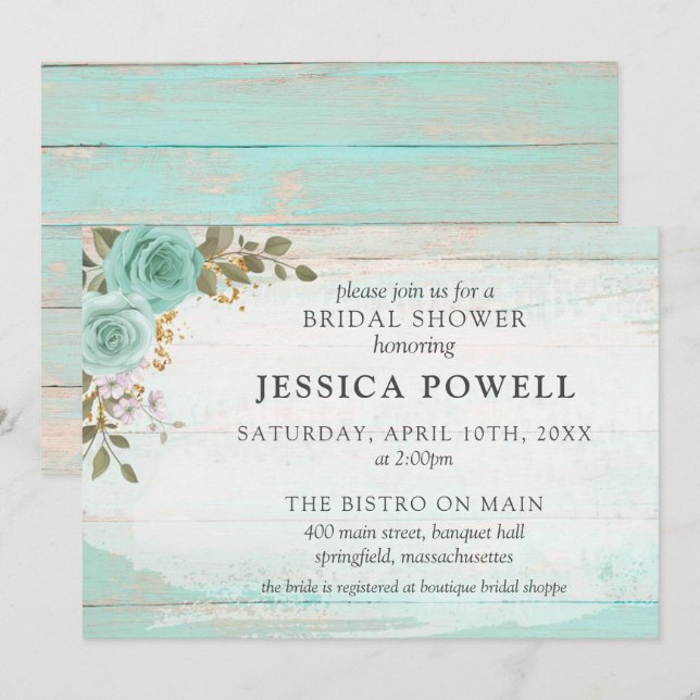 Convite Chá de panela De Algodão Floral Russo Turquesa De  (Frente/Verso)