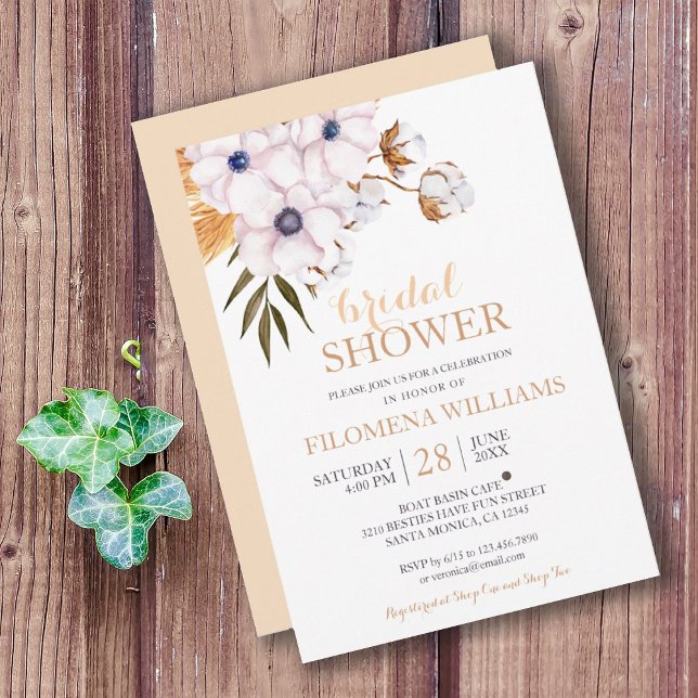 Convite Chá de panela de Algodão Moderno Boho Pampas (MODERN BOHO PAMPAS GRASS COTTON FLORAL BRIDAL SHOWER INVITATION
)