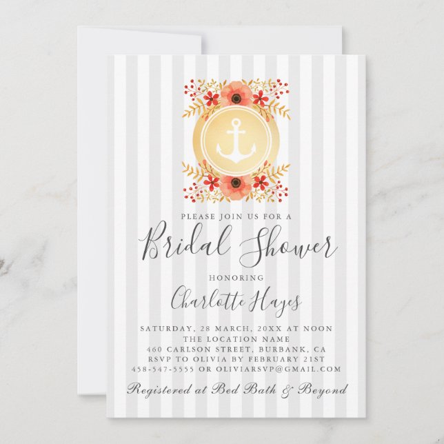 Convite Chá de panela de Âncora Floral Dourada (Frente)